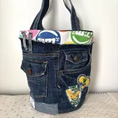 丸底バッグ　デニムリメイク　パッチワーク