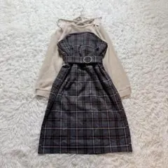 【タグ付き】ロングワンピース ニットワンピース チェック柄 ベルト ドッキング