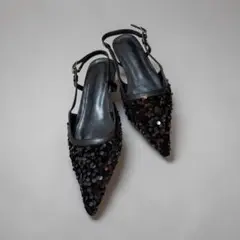 【新品】スパンコールバックストラップパンプス_ブラック
