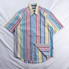 ビンテージ古着 00s カラフル ロゴ 刺繍 ステッチ ストライプ 総柄シャツ