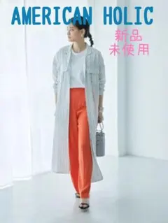 新品 AMERICAN HOLIC Wポケット開襟シャツワンピース ロングシャツ