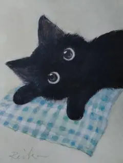 黒猫の水彩画 　手描きイラスト　インテリア　黒猫の絵　B6サイズ
