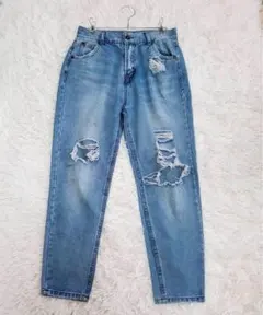 レトロガール デニムパンツ ジーパン（L）ダメージ加工 テーパード ゆったり