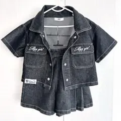 アルジーALGY美品XXS130 ブラックデニムセットアップ半袖キュロットセット