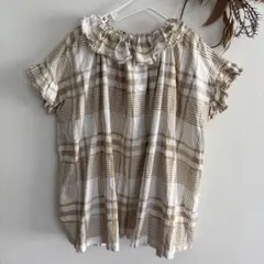 handmadeチェック柄フリル半袖ワンピース