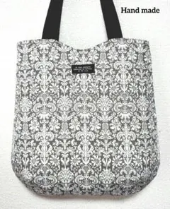 トートバッグ　肩掛けトートバッグ　ダマスク柄　グレー　ハンドメイド