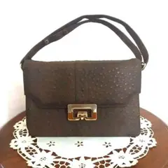 本革オーストリッチ　ダークブラウンショルダー&ハンドバッグ　2ウェイバッグ