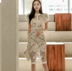 花柄 ホワイト レース フリル袖 ナイトドレス L キャバ 膝丈 Sobre系