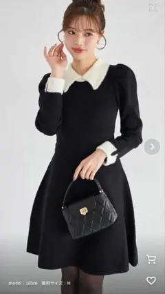 toccocloset襟付き配色シャギー切り替えハート飾り釦リブニットワンピース