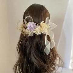 和玉とロングリボンのドライフラワー髪飾り　金箔　水引付　卒業式　袴　結婚式　紫