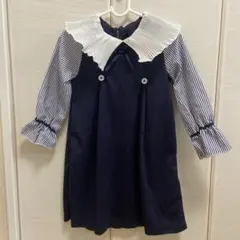 ネイビー フリル襟 ストライプ　ワンピース