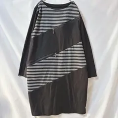 長袖チュニック ボーダー ジッパー 韓国製 アシメントリー 黒 グレー