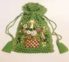 リボン刺繍　巾着　抹茶グリーン