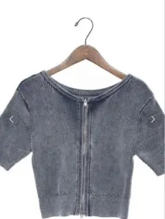 ストライプ ジッパー付き リブニット半袖トップス　2way