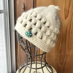 Vintage 古著店 白色針織帽 綠色鈕扣