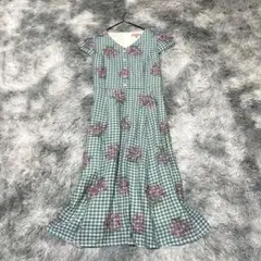 【トッカ/TOCCA】ワンピース グリーン ギンガムチェック柄XS花刺繍【美品】