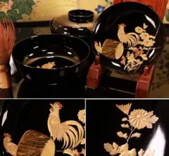 美品 懐石道具 木製 正法寺蒔絵 煮物椀 5客揃 内黒 おしゃれ 和食器 懐石道具 黒塗 笹蒔絵 煮物椀 5客 木製漆器 （L3）