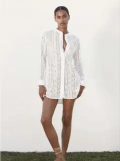 ZARA カットワーク　透かし編み　長袖シャツ ワンピース　ノーカラー　L