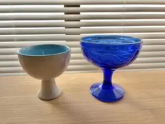 フランス製☆青色ガラスデザートボウルと白色カップ2点セット