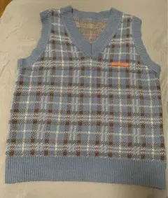 チェック柄ニットベスト Vネック