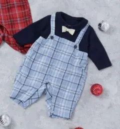 重ね着風ボウタイ付き　ネイビー、水色チェックカバーオール　ロンパース　80 美品