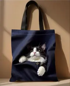 猫柄トートバッグ　リネン生地　タキシードキャット