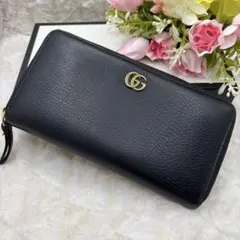 美品✨グッチ　ラウンドファスナー　GGマーモット　長財布　クロ　黒　金ロゴ