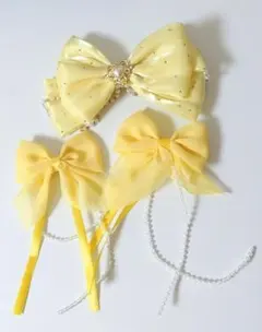 黄色 リボン ヘアアクセサリー イヤリング 5点セット