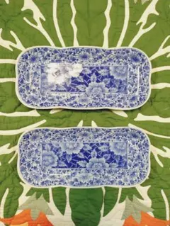 染付 牡丹唐草文 長皿 2枚セット 陶磁器　藍染風　長角皿　魚皿　刺身