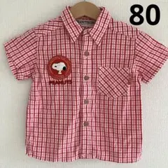 SNOOPY スヌーピー 半袖シャツ チェック 白　ピンク トップス 夏 80