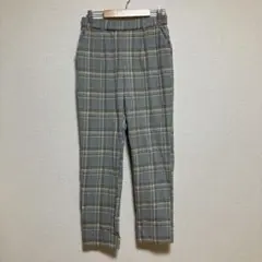 大人可愛い♡くすみブルーのチェック柄テーパードパンツ ウエストゴム 楽ちん M