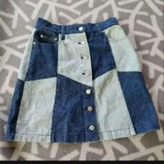 イング　デニムミニスカート　パッチワーク風　台形型ミニスカ　ブルー　青