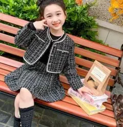 キッズ入学式スーツ2点セット 120cm卒園式ブラック黒ツイード女の子リボン韓国