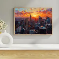 99 　燃える夕焼け ニューヨーク 都会の風景画 油絵風アートポスター