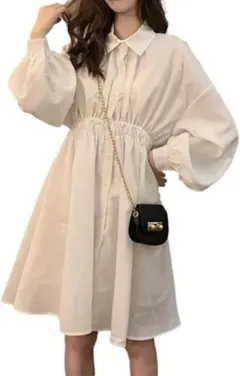 ワンピース　シャツワンピ　ホワイト　Mサイズ　ガーリー　ボリューム袖　長袖　膝丈