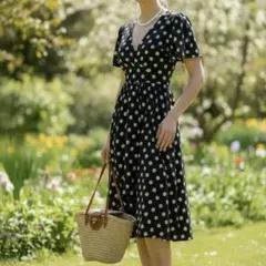 ぴ*マ様 エイミーイストワール ひざ丈ワンピース 半袖 ドット柄 総柄 M 背中