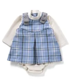 アプレレクール 肩リボンチェックカバーオール ロンパース 水色