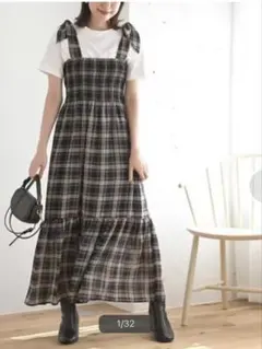 チェック柄 キャミワンピース ロング丈 肩リボン シャーリング rps ネイビー