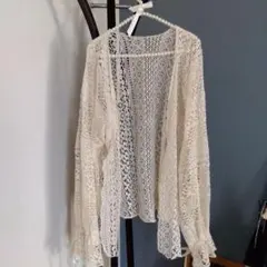 アイボリー レースカーディガンお袖おリボン