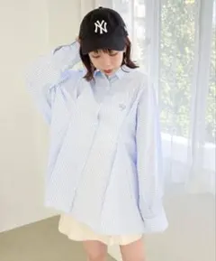 Heatherストライプ長袖シャツ（青と白）