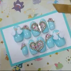 ジェルネイルチップ　ブルー　リボン　ハート　ワンホン