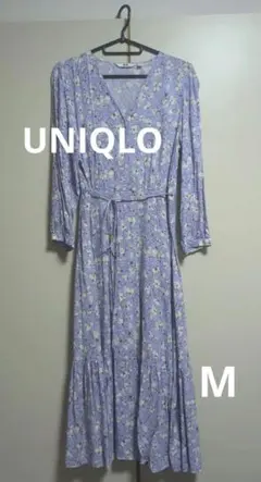 美品【UNIQLO】小花柄パープル五分袖ロングワンピース　М
