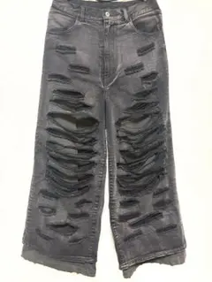 【GRANCY】スウェットドッキングデザインダメージバギーデニムパンツ ブラック