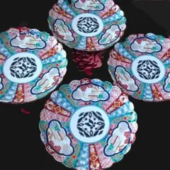 新品箱入4客 林九郎窯 三方割元禄地紋 和皿 古伊万里様式 石丸陶芸