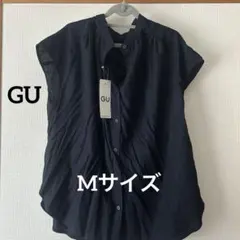 ネイビー　リネン　ギャザーブラウス　M