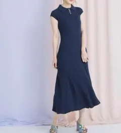 トッコ クローゼット 襟付きフレンチスリーブリブニットワンピース 紺　ネイビー