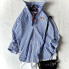 美品 ポロラルフローレン 現行 刺繍ロゴ ブルーストライプ オーバーサイズシャツ