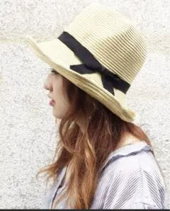 ポルカドット ペーパーブレード ベージュ 中折れ ハット 帽子 麦わら帽子