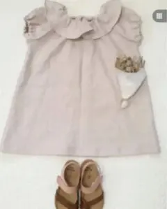 値下げ【試着のみ】リネンフリル襟ハンドメイドワンピース90