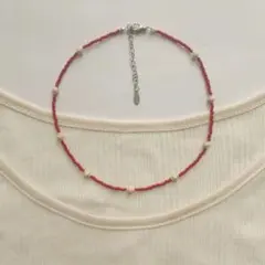ウッドビーズ　赤　レッド　チョーカー　ハンドメイド　ビーズネックレス